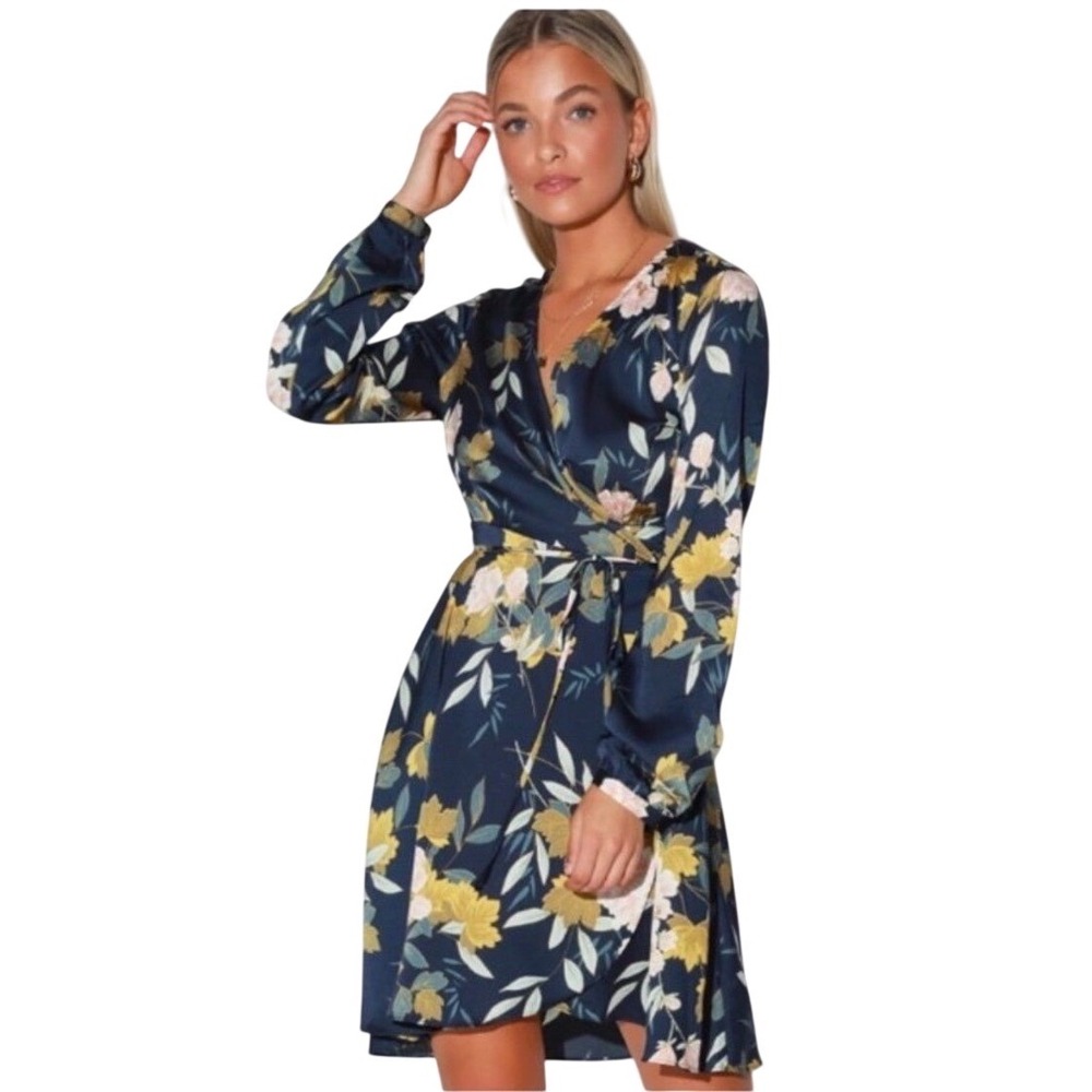 Lulus Navy Blue Floral Satin Wrap Dress Long Sleeve Mini Botanical Print Small S